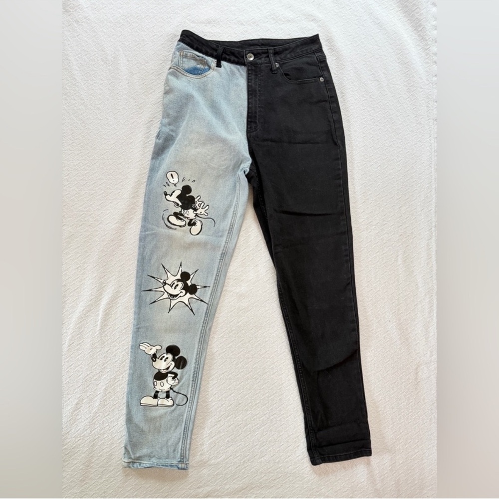 Disney Mickey Mouse Classic Split Light Wash and Black Denim Mom Jeans